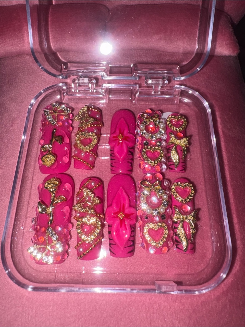 Hot Pink 3D Embellished Press-On Nails - Luxury Decorative Set